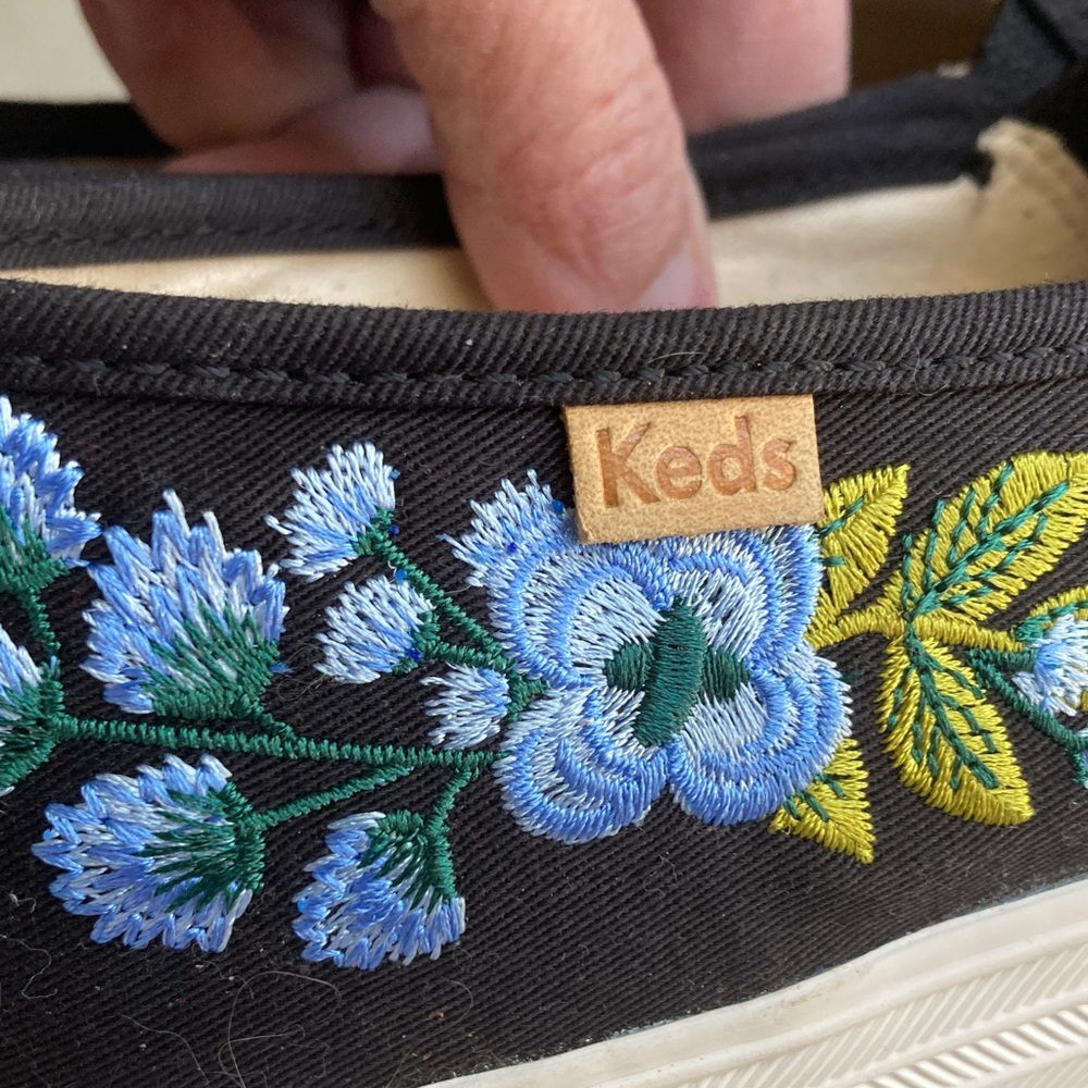 Rifle Paper Co. Keds Black Slip-On Sneakers with Blue Floral Embroidery - Picture 4 of 7
